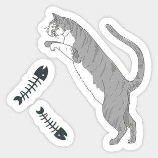 Silly Cat And Fish Bones Sticker